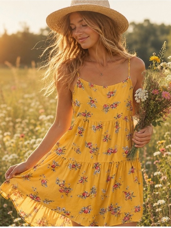 Copper Key Dresses & Skirts - 💐 Sunny Floral Tiered Sundress in Mustard Yellow
